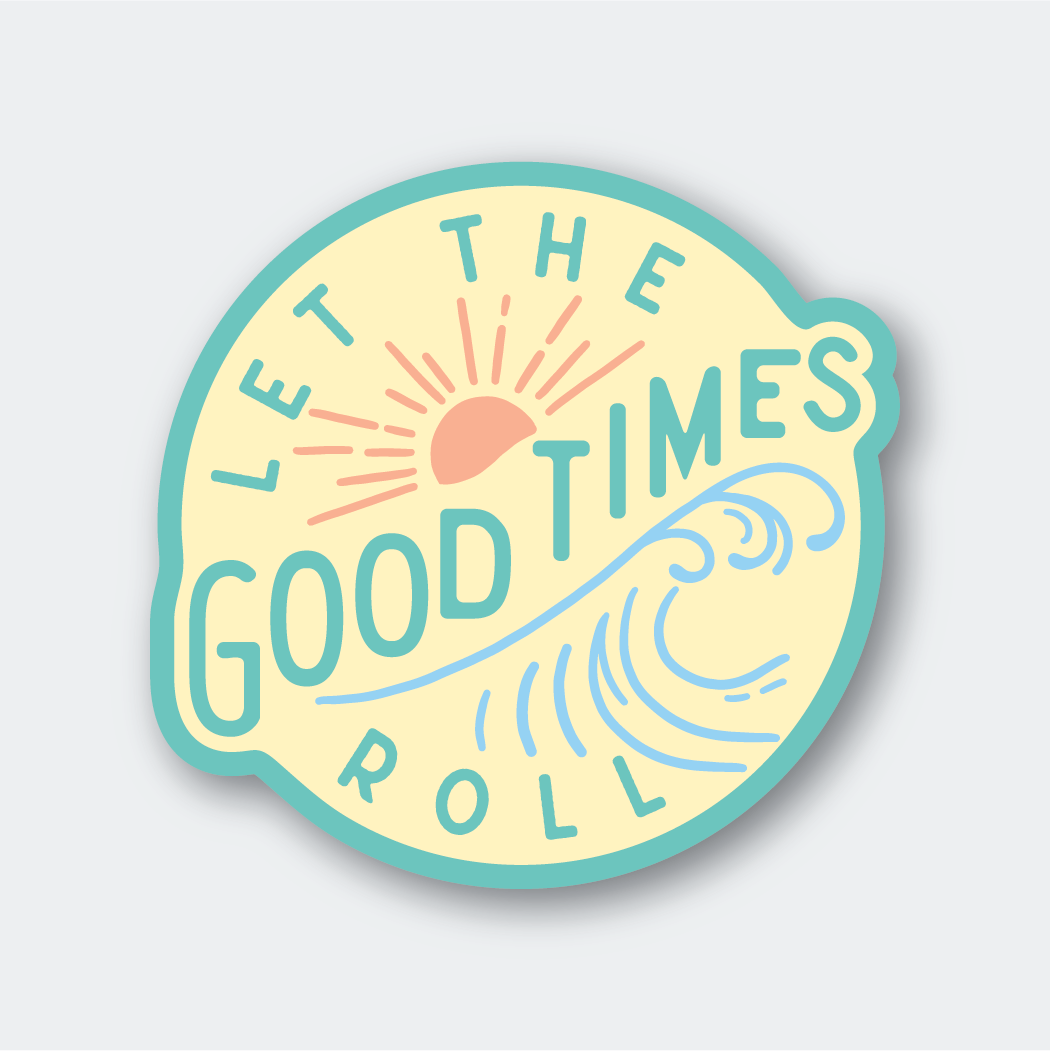 The Let The Good Times Roll Sticker features a unique design with a yellow and blue circle, text, and a sun. It offers an eye-catching appearance along with weather resistance.