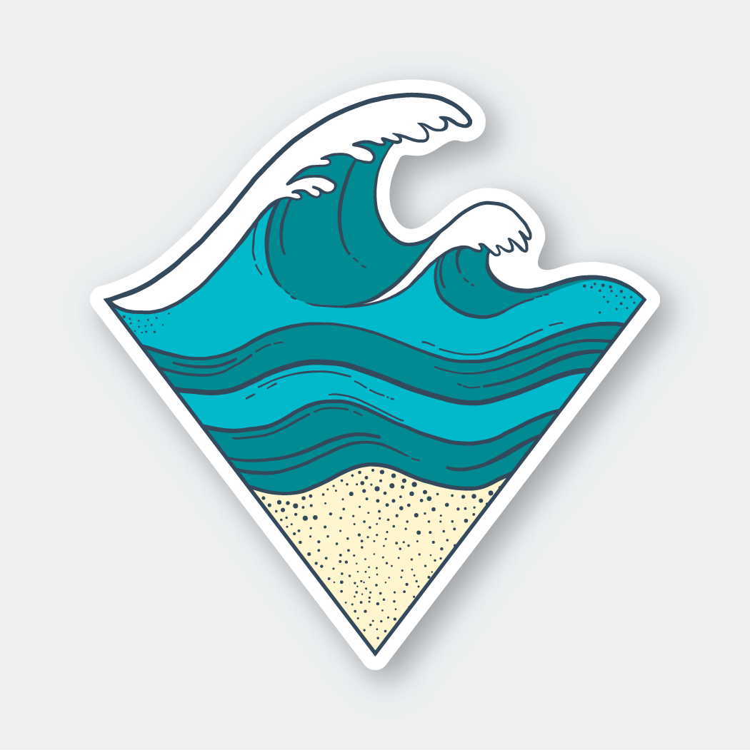 The Sand & Waves Sticker features a geometric diamond shape standing on one corner, showcasing a stylized blue wave crashing over beige sand. Crafted from weather-resistant vinyl, this die-cut design highlights curvy lines perfect for any collection.