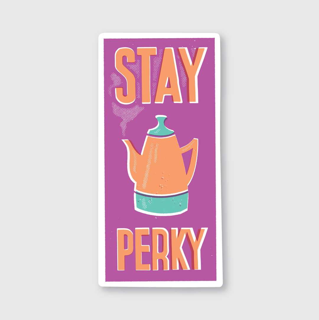 The Stay Perky Coffee Sticker is illustrated with a vibrant orange and teal coffee pot emitting steam, set against a striking purple background. The phrase "STAY PERKY" is prominently displayed at the top and bottom. Crafted from weather-resistant vinyl, this sticker reflects artist-inspired designs. Seattle Tea