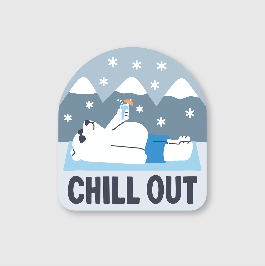 The "Chill Out Polar Bear Sticker" depicts a relaxed polar bear lounging on its back, with headphones and sunglasses. It holds a drink with an umbrella, with snowflakes gently falling against a mountainous backdrop. The words "CHILL OUT" appear below the design. This high-quality, die-cut vinyl sticker is perfect for your enjoyment.