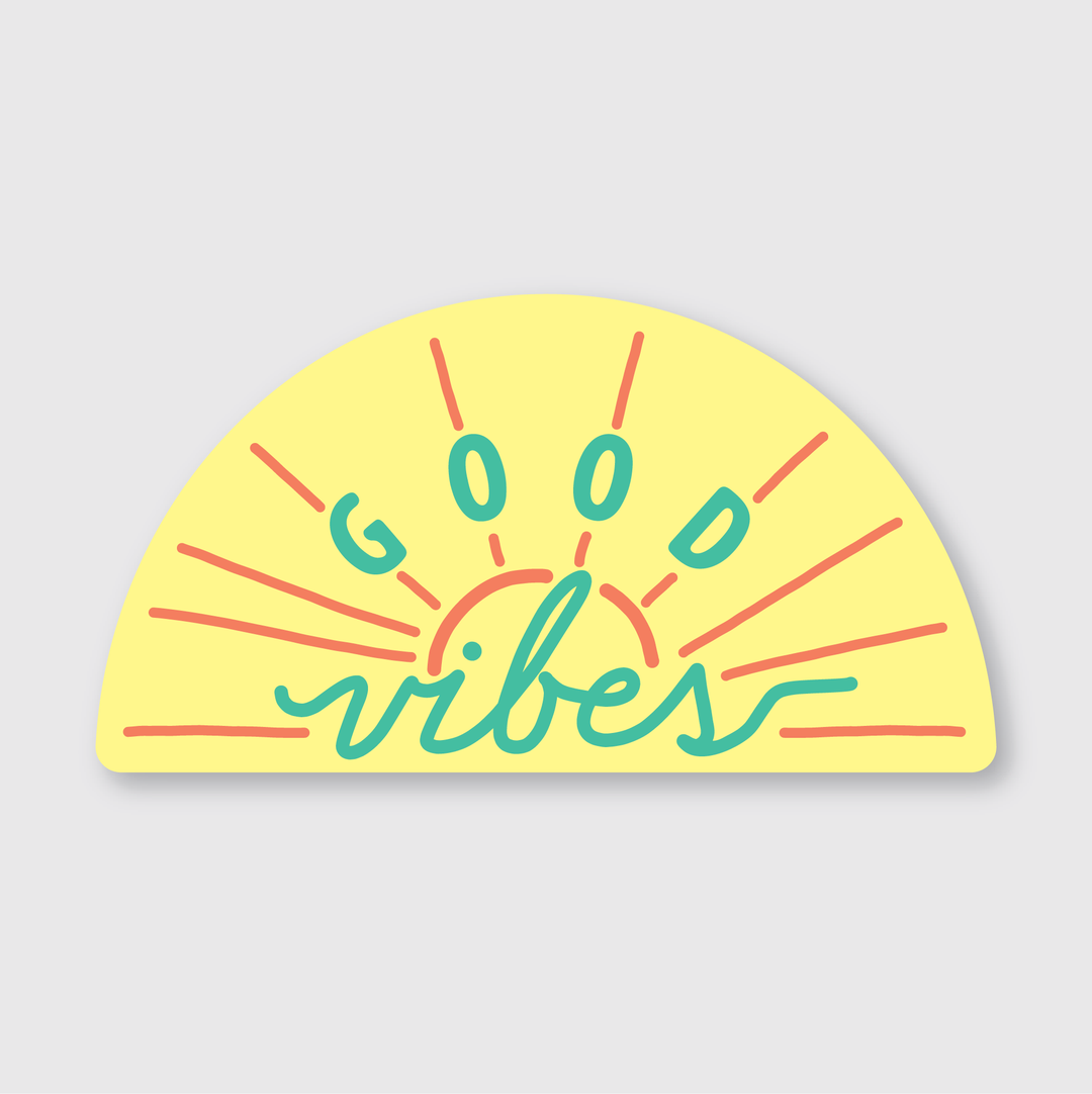 The Good Vibes Sticker is a die-cut vinyl sticker featuring a yellow semi-circle with a sun design. It displays the words "Good Vibes" in teal and orange lettering, with sun rays extending outward from the center against a light gray background. Crafted by independent artists, it is designed to be weather-resistant.