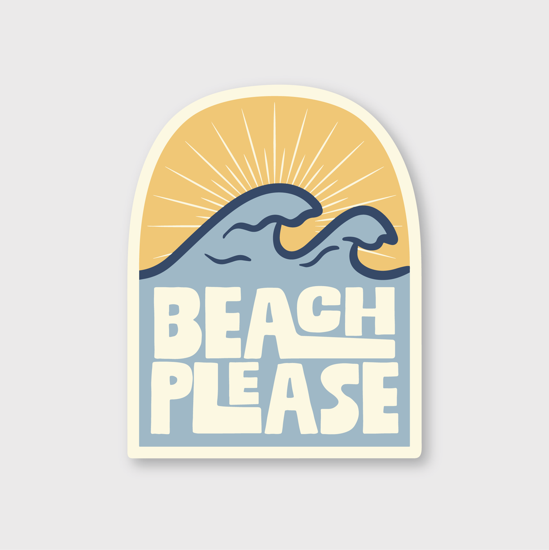 A die-cut vinyl sticker features an illustration of ocean waves beneath a setting sun with rays. Below the waves, the bold, white text "BEACH PLEASE" stands out against a light blue background. This weather-resistant sticker is elegantly framed with a white border.
