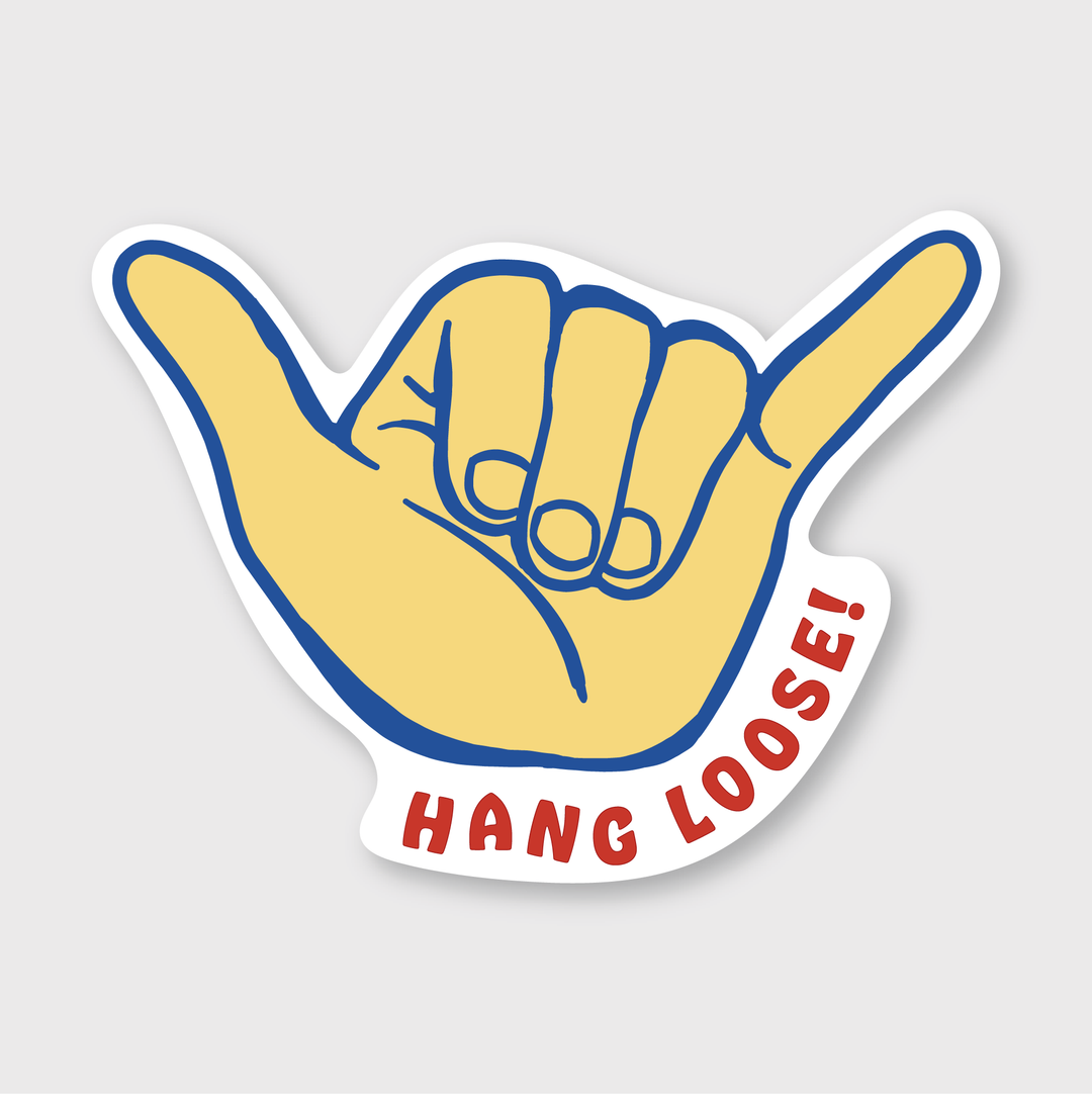 This "Hang Loose Shaka Sticker" showcases a yellow hand outlined in blue, making the famous "shaka" gesture that embodies surf culture. It features bold red text reading "HANG LOOSE!" and is crafted from durable vinyl, making it perfect for expressing your relaxed style.