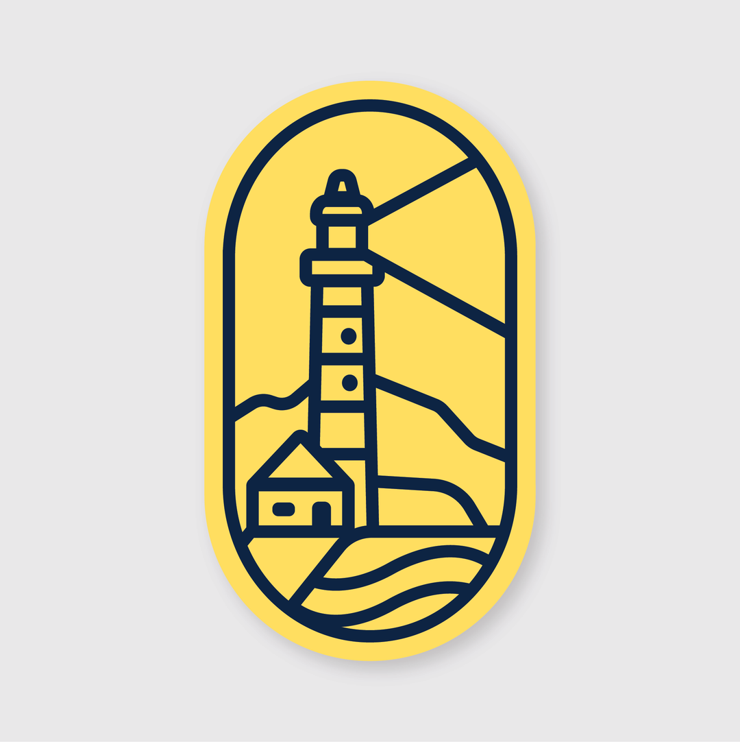 The Geometric Lighthouse Sticker showcases a sleek die-cut vinyl design with a modern aesthetic. It features weather-resistant black line art depicting a geometric lighthouse on a yellow background, encircled by waves and mountains within an oval shape.