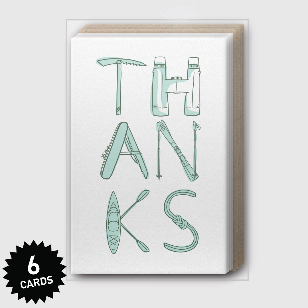 Introducing the Thanks Gear Greeting Cards: a box set of six handcrafted thank you cards from Pike Street Press in Seattle. Each card showcases the word "THANKS" with each letter creatively adorned with outdoor-themed illustrations such as an ice axe, tent, compass, and kayak. These adventure motifs are rendered in a minimalist light green using premium letterpress techniques.