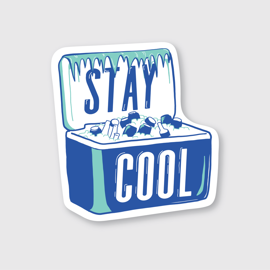 The Stay Cool Cooler Sticker features a vibrant design with the phrase "Stay Cool" in bold blue and white letters. Made from weather-resistant vinyl, it ensures long-lasting visibility.
