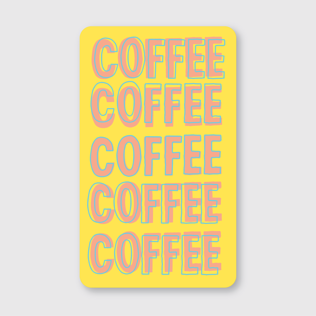 The image is a vibrant design with the word "COFFEE" repeated five times in bold, overlapping text. The use of retro 3D effects on a bright yellow background gives it an eye-catching appeal, drawing inspiration from Seattle-style aesthetics.