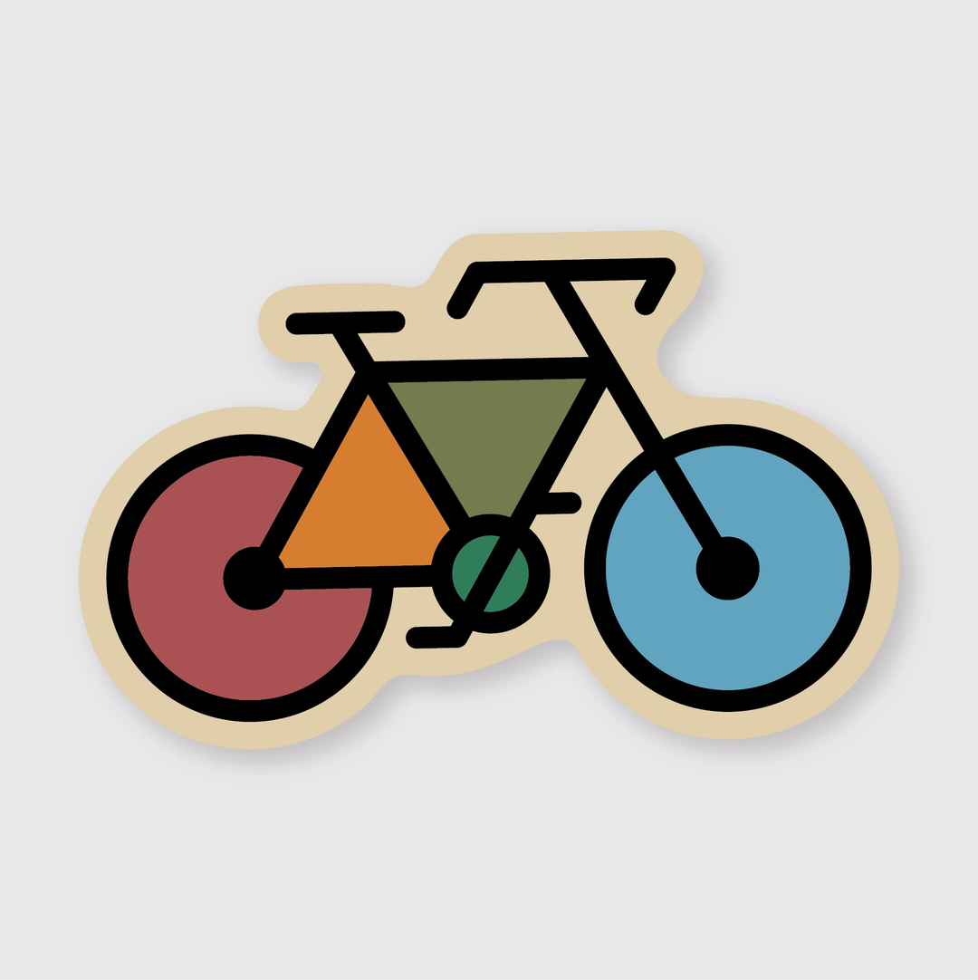 Introducing the Geometric Bicycle Sticker. This minimalist design features a captivating arrangement of triangles and circles in vibrant shades of orange, green, brown, and blue outlined in bold black. Perfect for cycling enthusiasts, this die-cut vinyl sticker stands out against its light beige background.