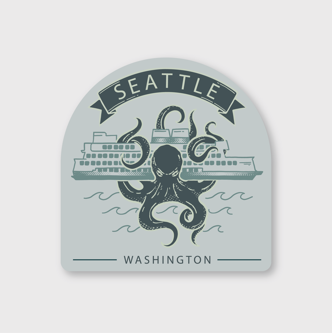 A detailed illustration shows a large octopus capturing two ferries on the water, set against a light gray background. A banner bearing "Seattle" at the top and "Washington" at the bottom is included, making it perfect for those who appreciate durable and weather-resistant art.