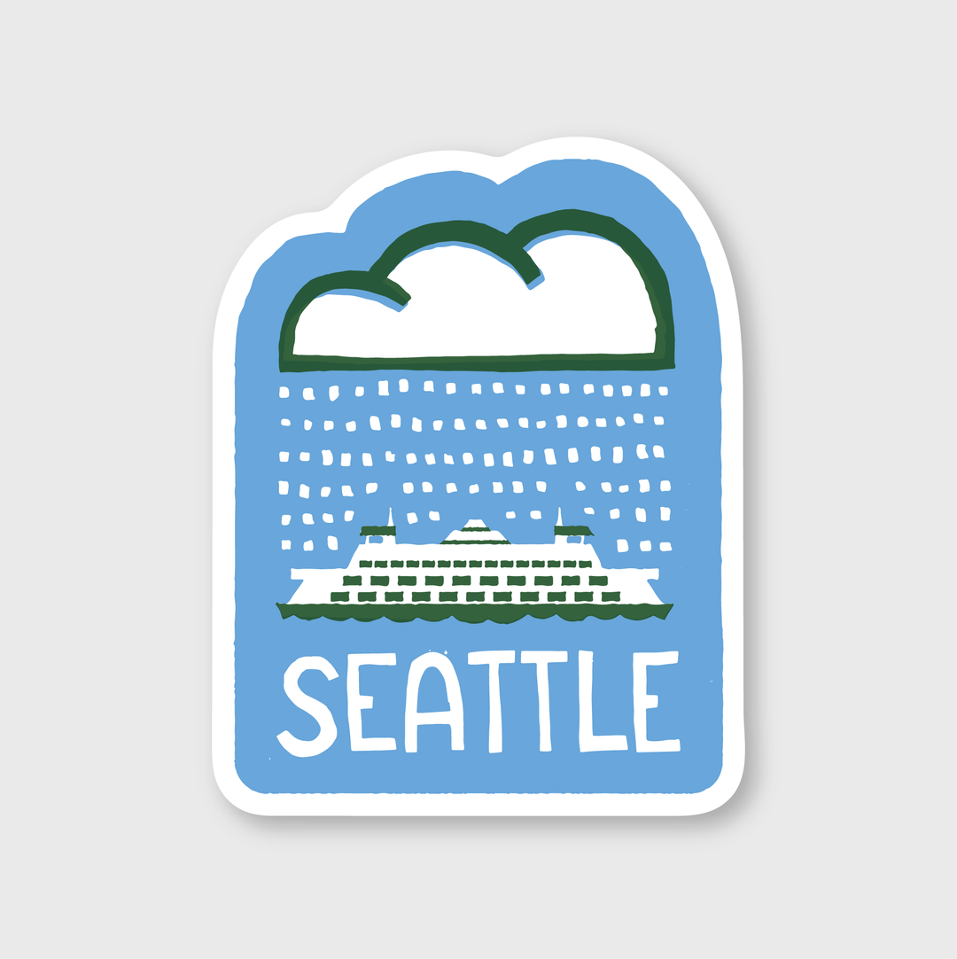 Featuring a die-cut vinyl design, the Seattle Ferry Rain Sticker depicts a Seattle ferry beneath a rainy cloud on a blue backdrop. The word "SEATTLE" is elegantly showcased at the bottom in white, perfectly embodying the quintessential Seattle vibe.