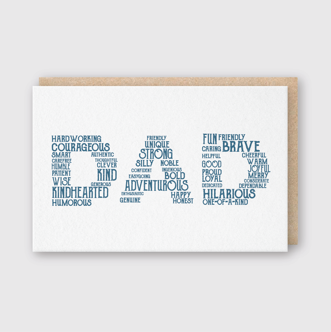 The DAD Words Greeting Card features a beige background with "DAD" in blue block letters. It is filled with inspiring words like "courageous," "kind," "brave," and "adventurous," making it an ideal choice for celebrating fathers.