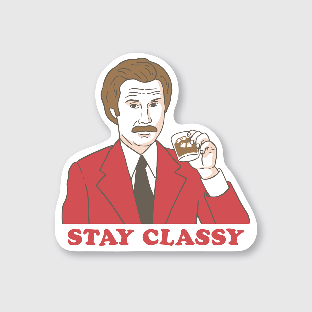 The "Stay Classy" sticker showcases a man in a red suit holding a glass and smirking, accompanied by the text "STAY CLASSY" beneath. This die-cut vinyl sticker is designed to be weather-resistant, maintaining its sharpness and vibrant colors wherever it is displayed.