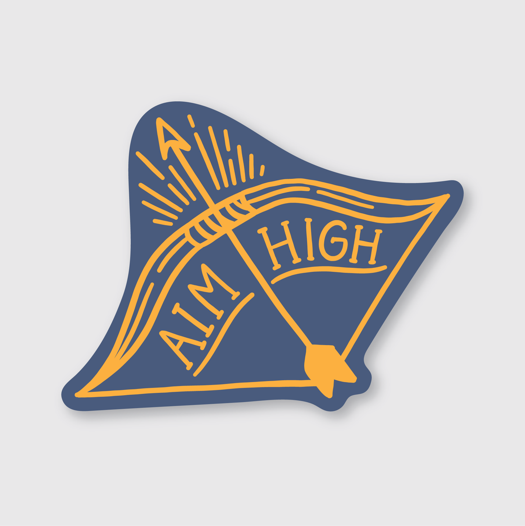 The Aim High Sticker features an illustration of an arrow shot through a bow, accompanied by the motivational phrase "Aim High" in vibrant yellow. Set against a deep navy blue background, this die-cut vinyl sticker expresses a dynamic spirit. Designed by artists, it is made from high-quality vinyl for lasting durability, capturing an inspiring message and eye-catching design.