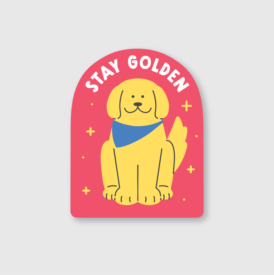 This die cut vinyl sticker showcases a happy golden retriever sporting a blue bandana on a red background, accompanied by the words "Stay Golden." Enhanced with small yellow stars, this sticker is crafted for water and weather resistance. It's designed by talented independent artists from Pike Street Press.