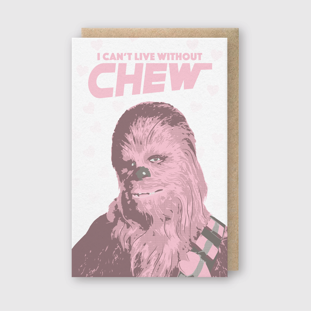 The "Can't Live Without Chew Greeting Card" is a beautifully crafted card that features a pink-toned illustration of a furry character with a bandolier. The design includes bold pink text set against a soft gray background. It comes with a recycled kraft envelope, making it perfect for environmentally friendly gifting.