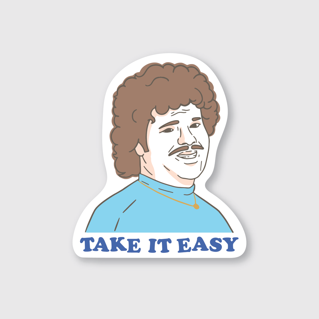 The "Take It Easy Sticker" features a cartoon man with curly hair and a mustache, dressed in a blue turtleneck. Below this character, the phrase "TAKE IT EASY" is displayed. The design is set against a light gray background and is crafted to be both water and weather resistant, ensuring its durability in various conditions.