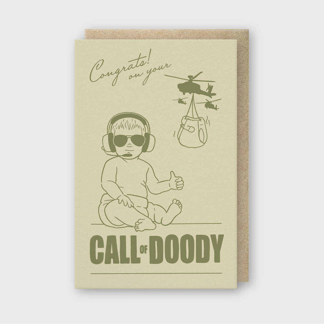 ...new mission!" This humorous card is perfect for celebrating the arrival of a new baby, combining playful imagery and wordplay to mark the special occasion. With its creative design and unique theme, it's sure to bring smiles to new parents.