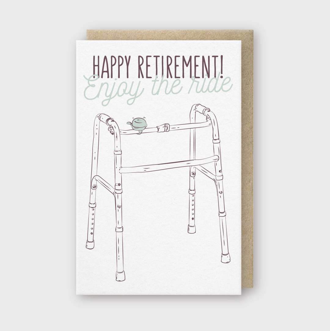 The Retirement Walker Greeting Card features a charming hand-drawn walker with a tiny bird on it. Its minimalistic background beautifully enhances the cheerful message, "Happy Retirement! Enjoy the ride," making it perfect for celebrating a new chapter in life.