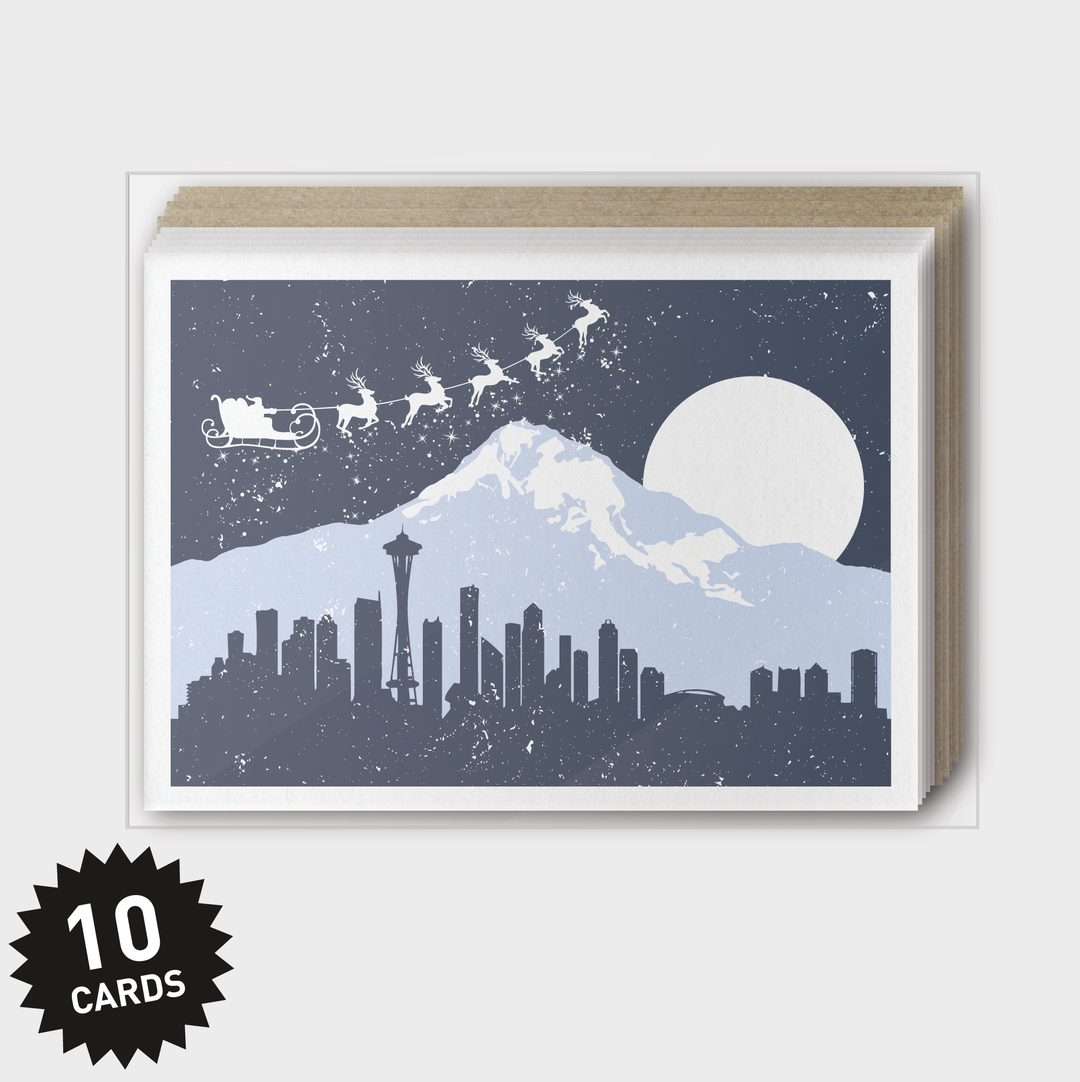 Box Set of 10 - Santa Over Seattle Greeting Card