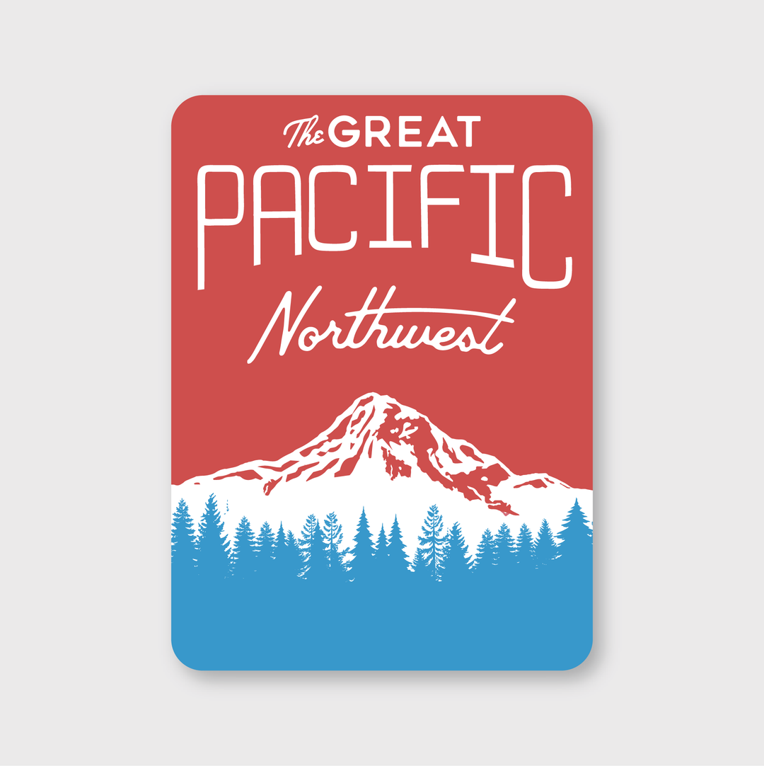 The Great PNW Sticker by Pike Street Press features the phrase "The Great Pacific Northwest" set against a red background. It includes a striking white mountain silhouette above a blue line of pine trees, beautifully capturing the region's natural beauty. Made from high-quality vinyl, it's designed to last and highlight the area's landscapes.