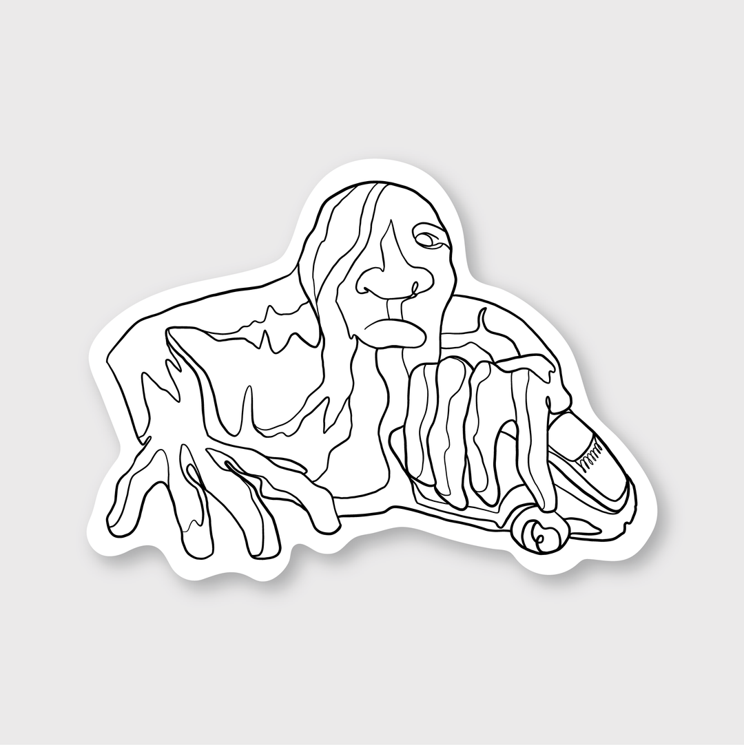This handcrafted sticker from Pike Street Press features an abstract line art design of a person with long hair resting their chin on their hand beside a vintage microphone. The flowing lines and minimalistic style capture the quirky charm reminiscent of the Fremont Troll, bringing this die-cut vinyl sticker to life on a white background.