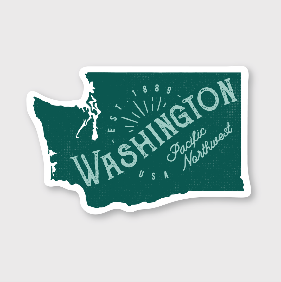 The Washington Typographic Sticker offers a vintage-style design shaped like Washington State. It features the text "Est. 1889, Washington USA, Pacific Northwest" on a green backdrop. This artist-designed, die-cut vinyl sticker is crafted to be both water and weather resistant.