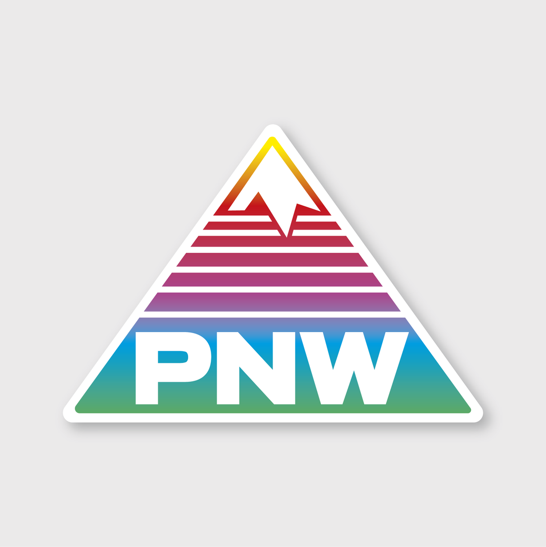 The PNW Pyramid Sticker features a custom triangular design with an upward-pointing arrow in white. Its background is adorned with horizontal stripes in red, purple, and green hues. Bold white letters that spell "PNW" are positioned at the bottom, creating a visually striking sticker.