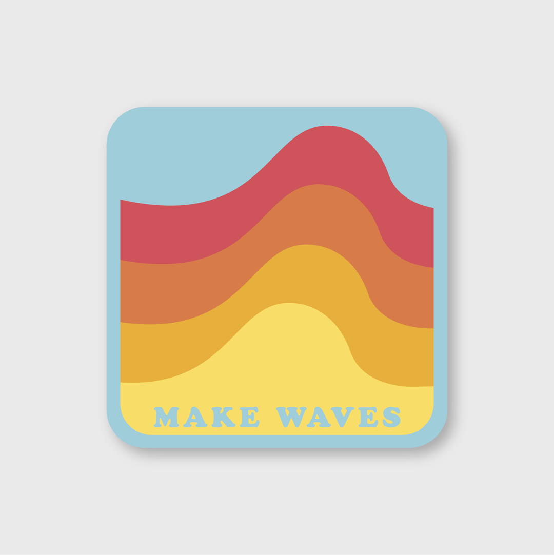 The Make Waves Sticker is a vibrant vinyl design featuring colorful wavy bands in shades of red, orange, and yellow on a blue background. The words "MAKE WAVES" are elegantly printed in light blue at the bottom, highlighting its artistic flair and weather-resistant quality.
