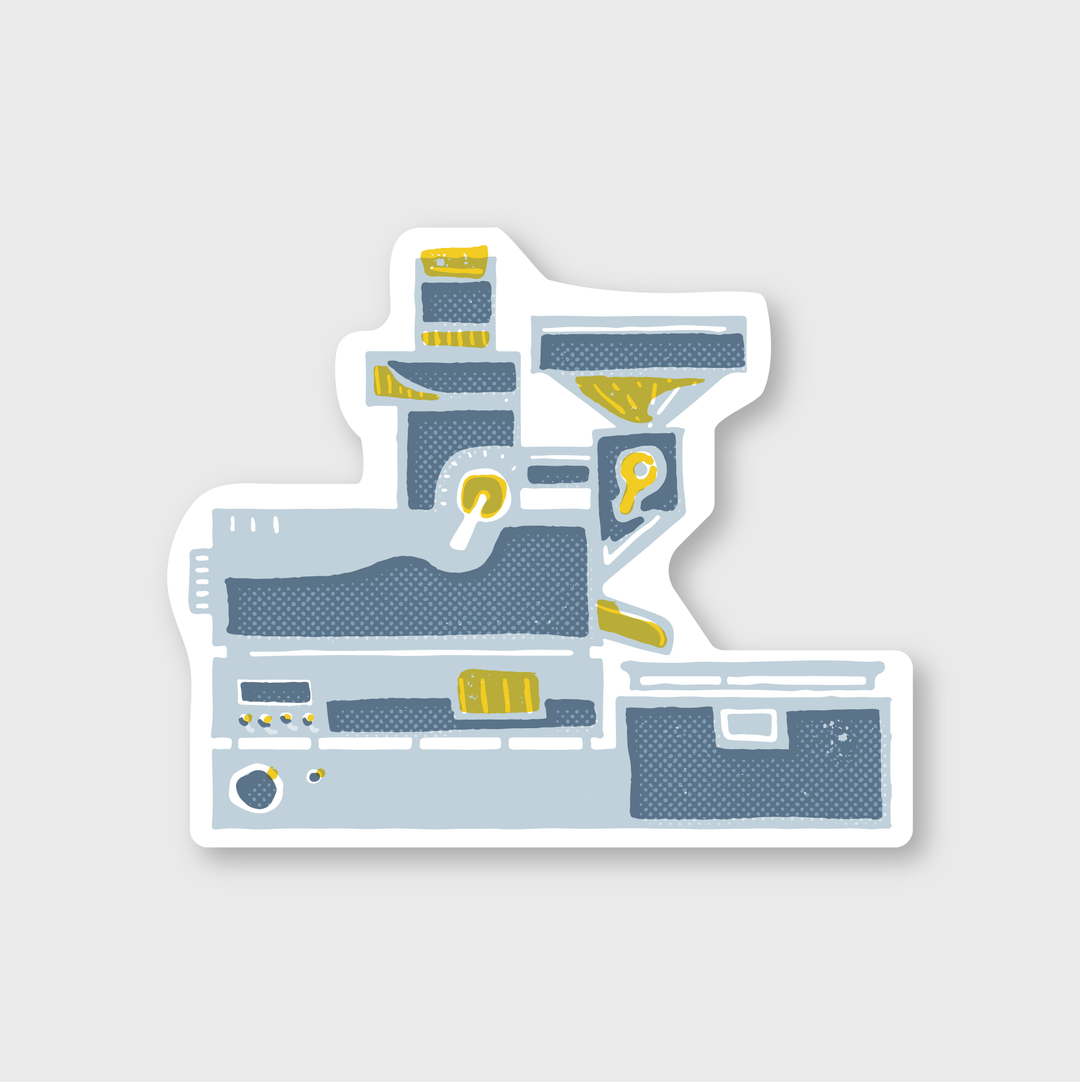 The description presents an illustration of a contemporary, stylized coffee machine. It highlights prominent features such as buttons and spouts, appealing to coffee enthusiasts. The design exudes elegance in the art of coffee making, featuring primarily blue and gray tones with yellow accents against a white backdrop. The style is reminiscent of a sleek die-cut vinyl sticker.