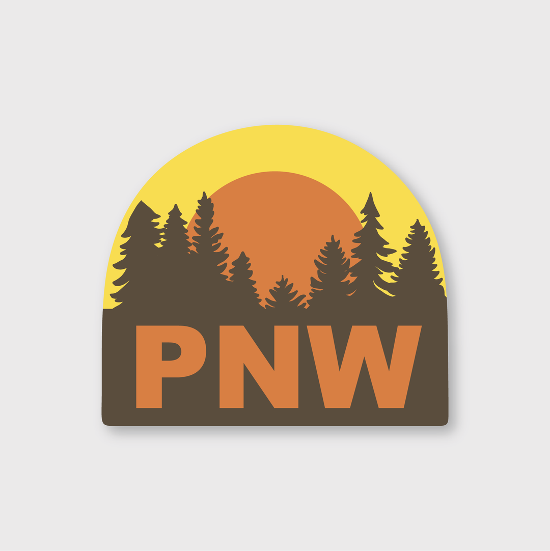 The Golden PNW Sticker beautifully captures the essence of the Pacific Northwest with its striking design. It features a forest silhouette complete with pine trees, set against an orange sun on a vibrant yellow background. The bold "PNW" lettering beneath adds to its charm and effectively represents the spirit of the region.