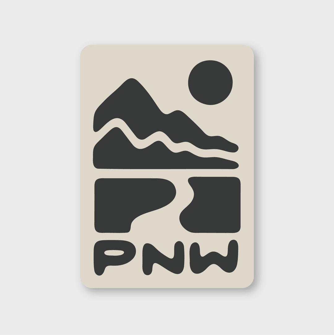 The PNW Abstraction Sticker showcases a stylized graphic of a mountain and river with the sun overhead, accompanied by the letters "PNW" on a beige background. This design beautifully captures the essence of Seattle's natural landscape.