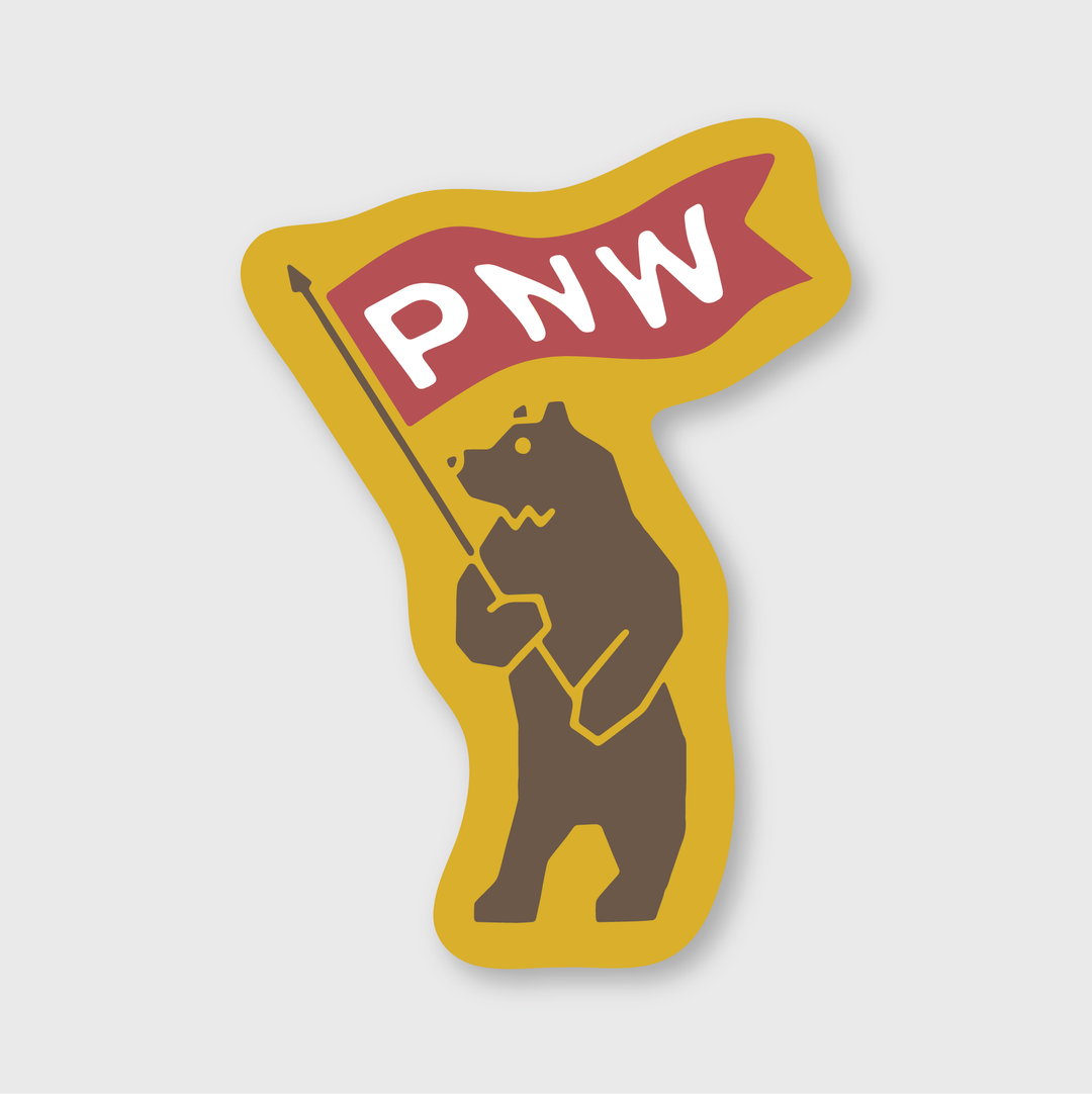 This sticker showcases a distinctive design of a brown bear holding a red flag displaying the letters "PNW" in white. The image is accented with a vibrant yellow border, set against a plain white background.