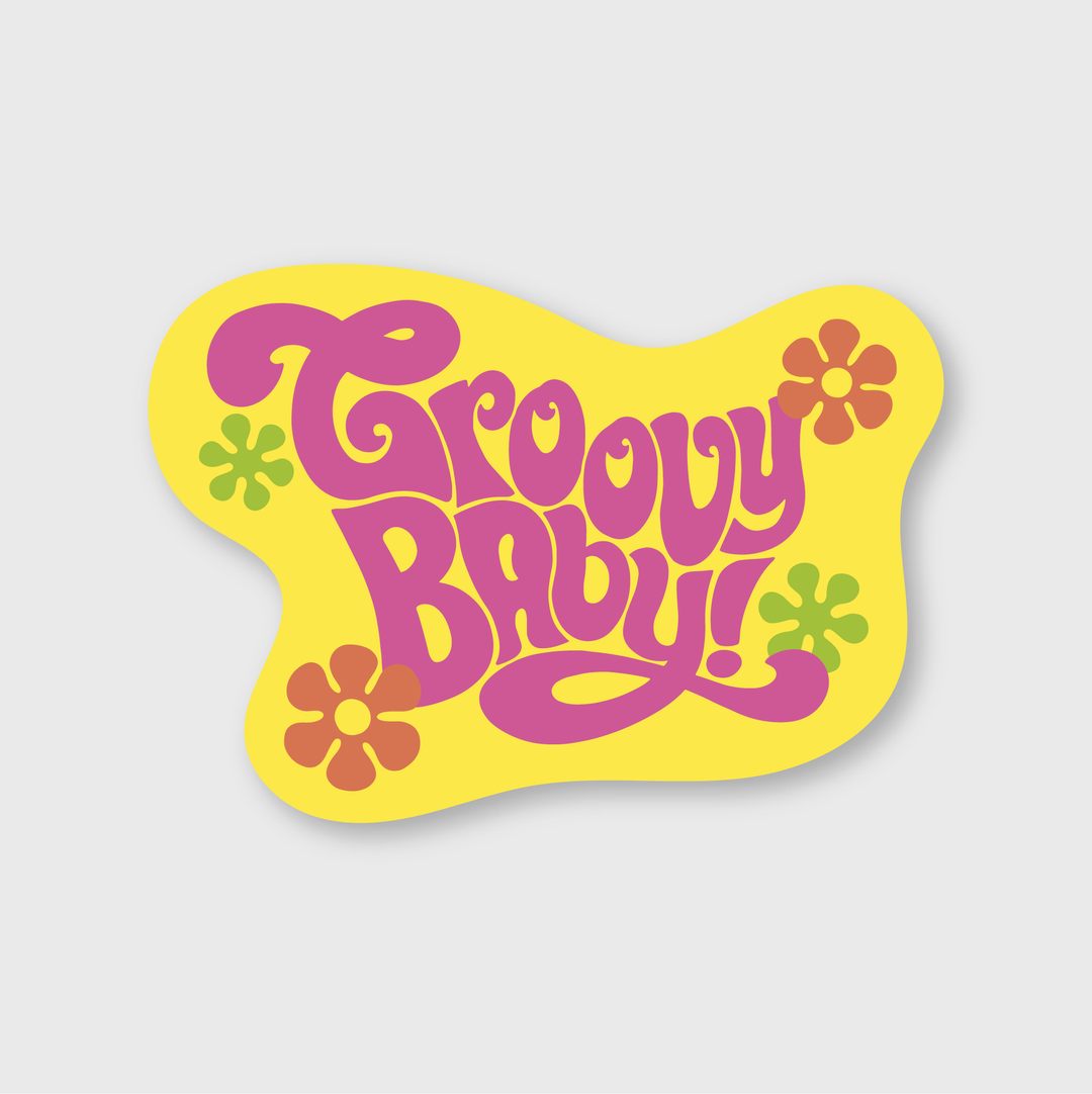Discover the vibrant charm of the "Groovy Baby Sticker," a die-cut vinyl decal showcasing bold pink text in a retro font against a lively yellow background. Handcrafted with care, this distinctive design is embellished with orange and green flower shapes, embodying the essence of 1960s psychedelic style.