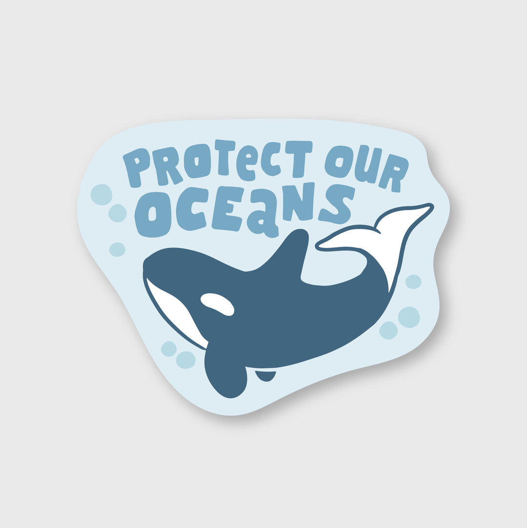 Introducing the "Protect Our Oceans Orca Sticker" featuring an illustration of an orca in water surrounded by bubbles. This Seattle-inspired design, with its striking blue and white color scheme, is perfect for branded stickers aimed at raising awareness.
