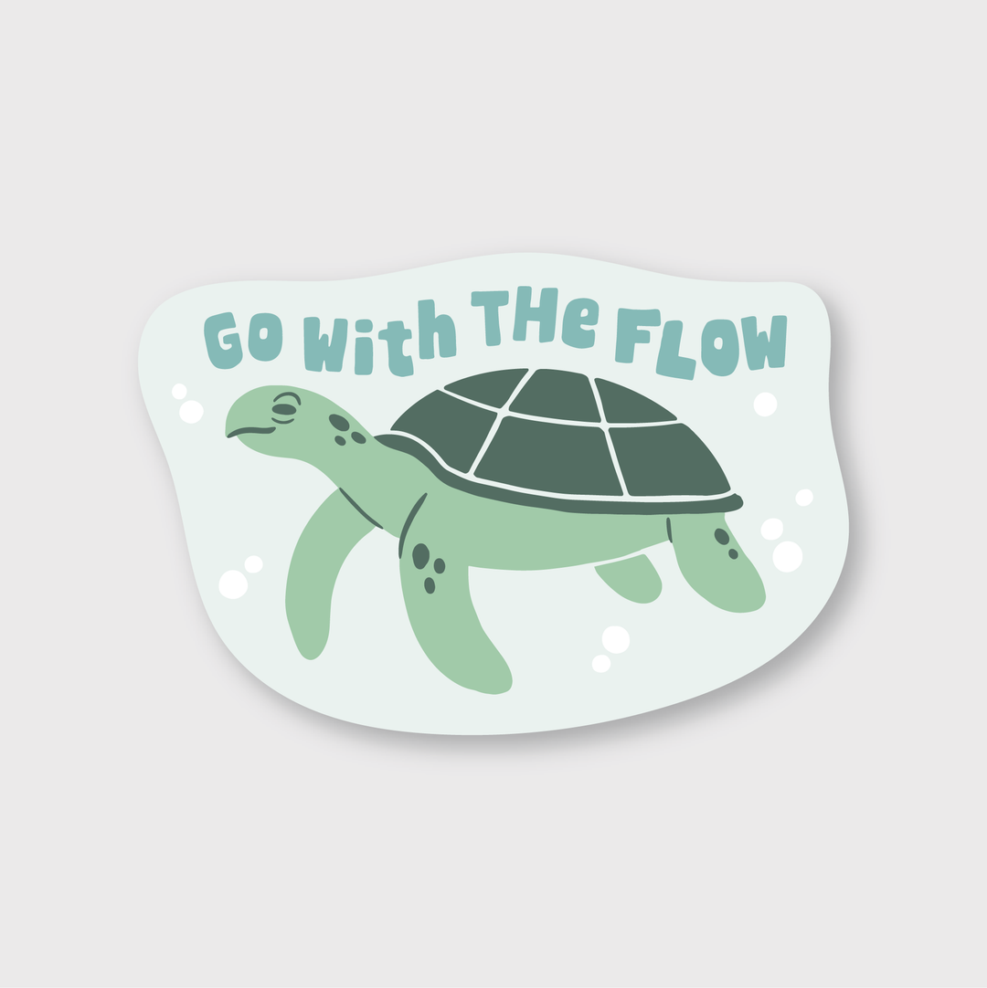 An illustration showcases a green sea turtle swimming beneath the phrase "Go With The Flow." This design, crafted from high-quality vinyl, is set against a light blue wavy background and adorned with weather-resistant white bubbles.