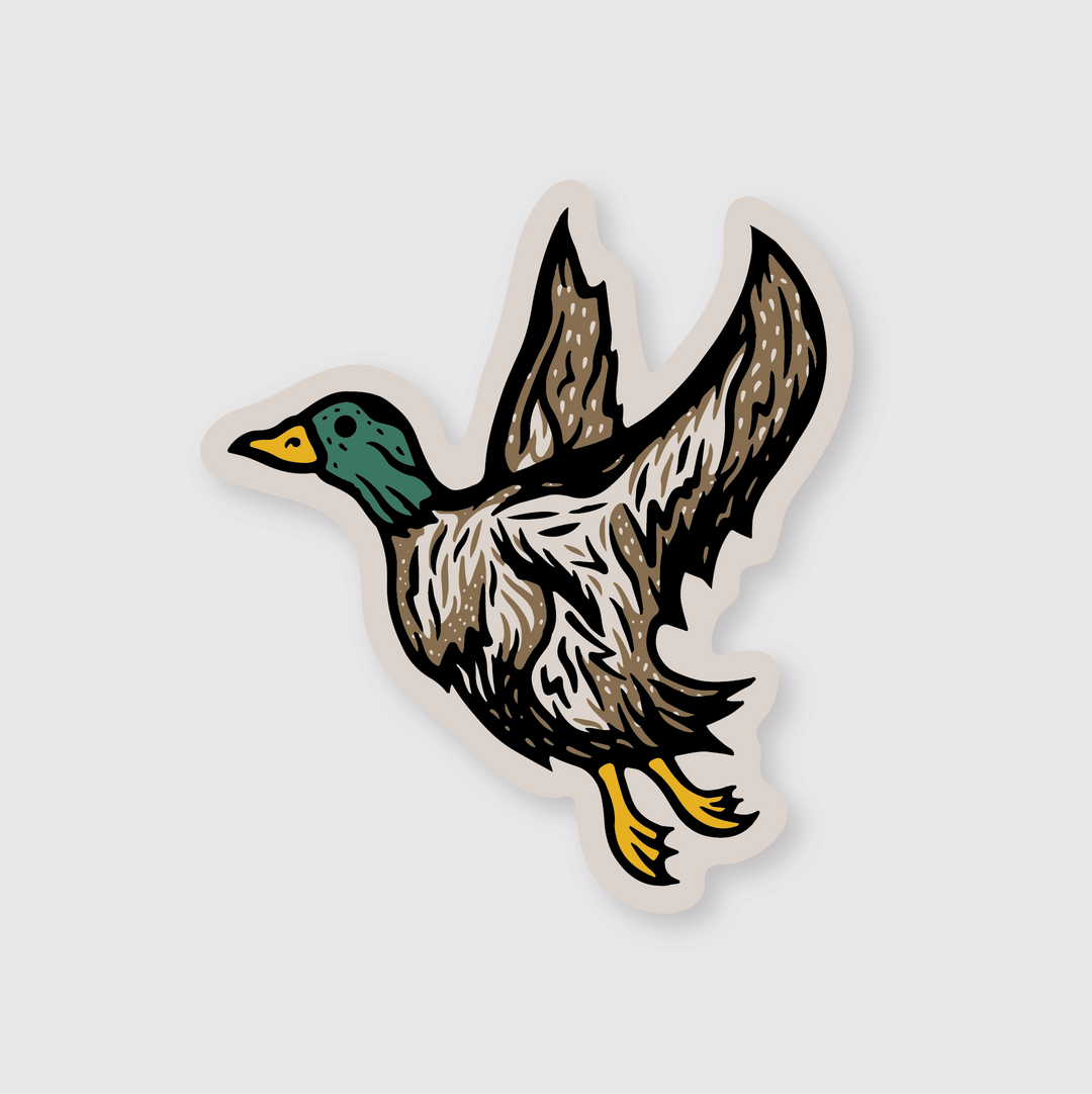 This colorful Mallard Duck Sticker artistically captures a duck in mid-flight. The die-cut vinyl sticker highlights the duck’s green head, brown and white body, and yellow feet with wings spread wide against a simple white background.
