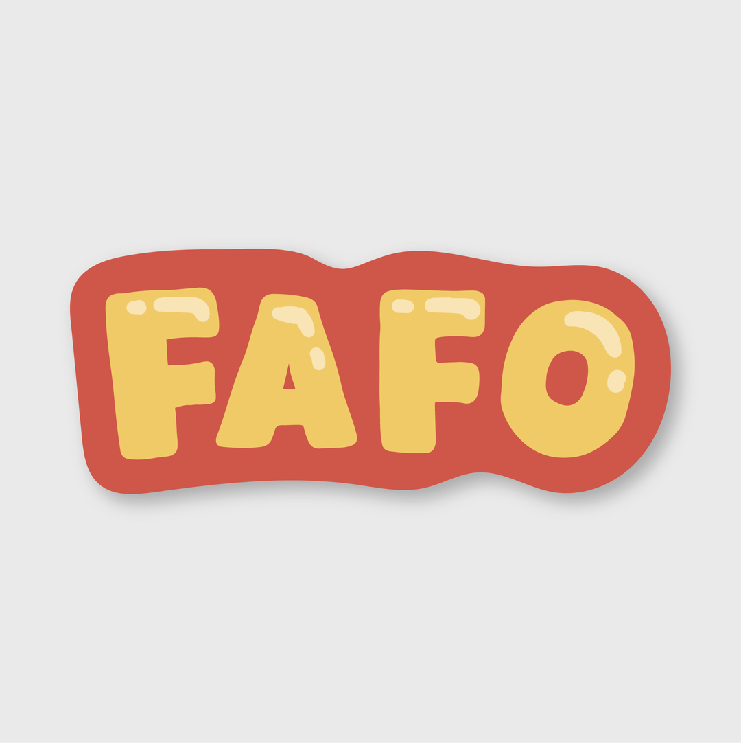 The description highlights a sticker with bold, yellow lettering on a red wavy background. It features a glossy finish and is made from high-quality vinyl, making it suitable for outdoor use due to its vibrant and durable design.