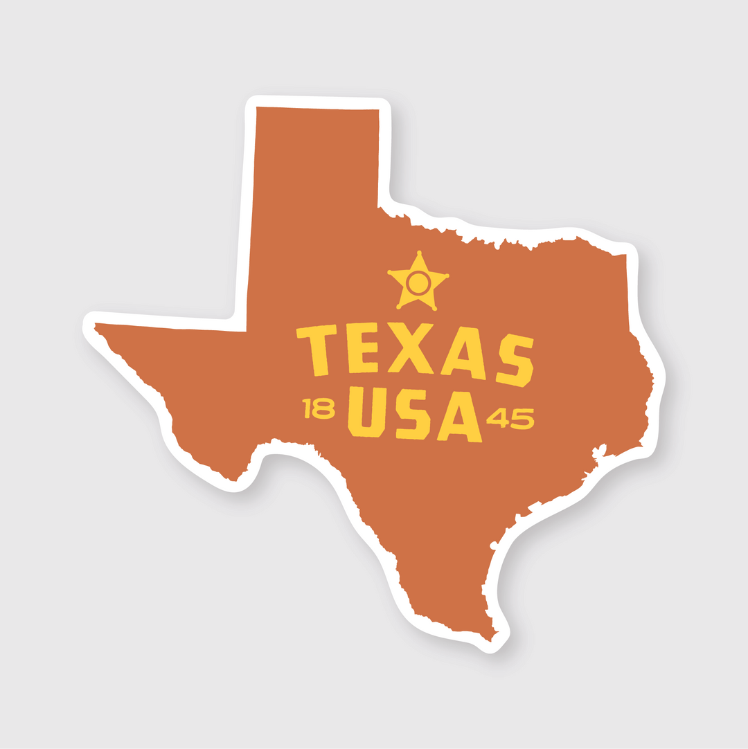 The Texas Simple State Sticker showcases an orange illustration of Texas with a star above the vibrant yellow text "TEXAS USA 1845." This design, outlined in white and set against a light gray background, is perfect as a die-cut vinyl sticker featuring a laminated matte finish.