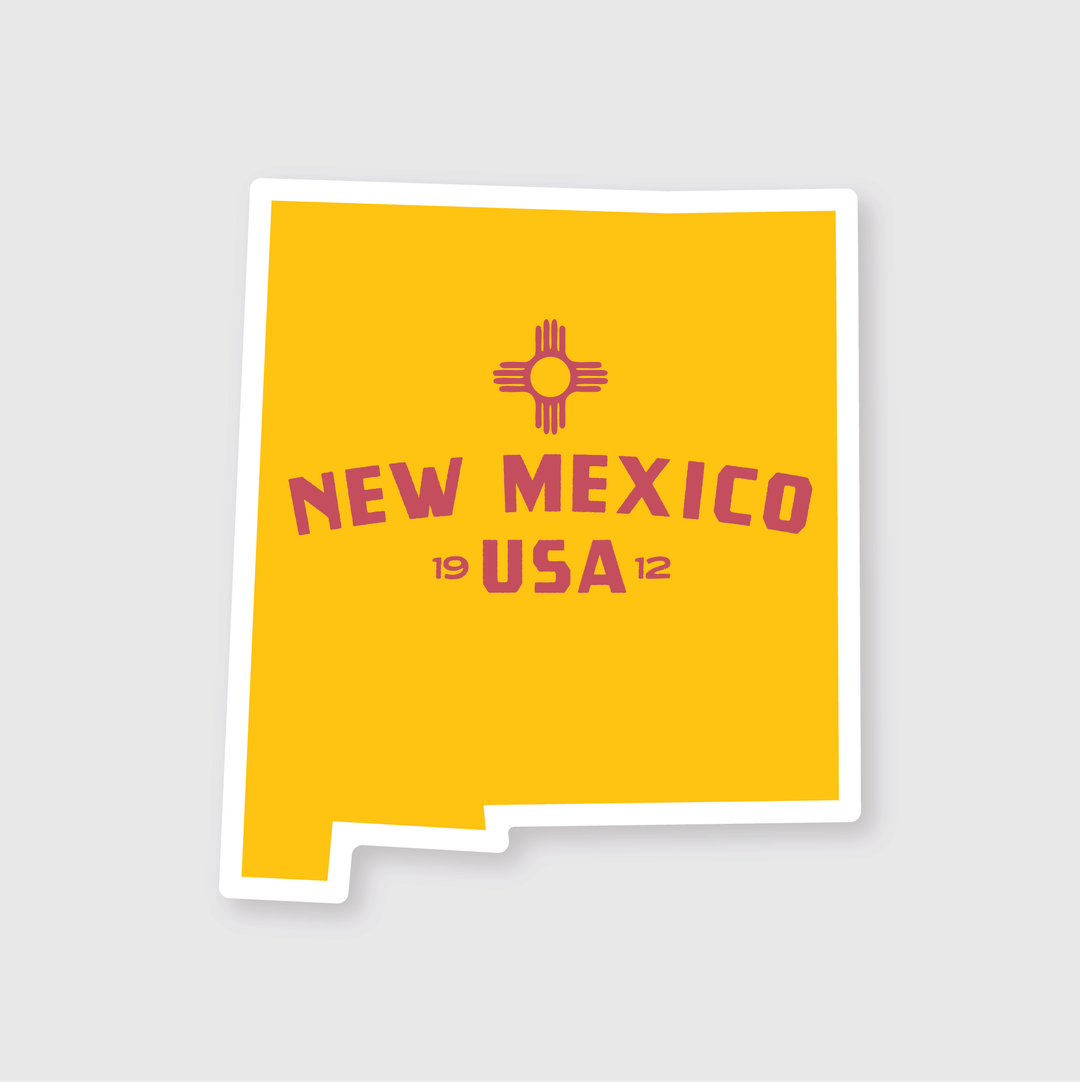 The New Mexico Simple State Sticker is a vibrant design featuring the state's yellow outline with bold red letters that read "New Mexico USA." Above this, it proudly highlights the Zia sun symbol. The sticker is made from durable, weather-resistant die-cut vinyl and includes the numbers "19" and "12" to mark New Mexico's year of statehood.