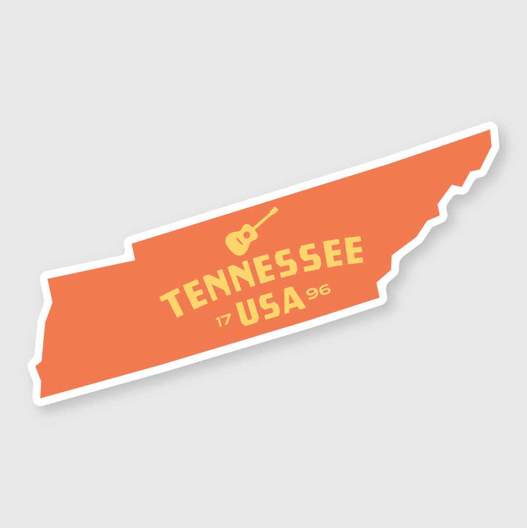 The Tennessee Simple State Sticker features an orange outline of the state with a yellow guitar graphic, highlighted by the bold text "Tennessee 1796 USA" on a light gray background. This die-cut vinyl sticker is crafted for outdoor durability.