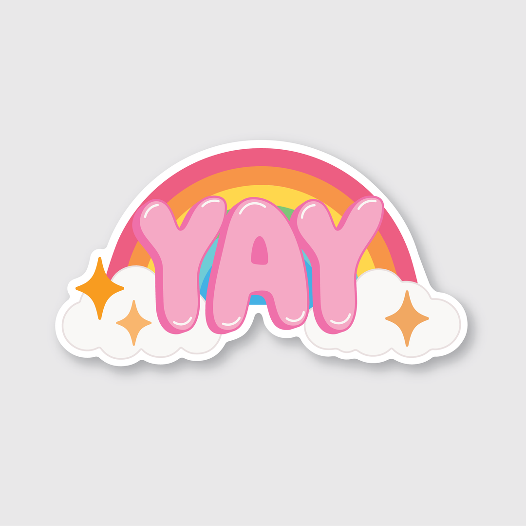 Introducing the Yay Rainbow Sticker, a vibrant die-cut vinyl sticker featuring the word "YAY" in shiny pink letters set against a rainbow backdrop. The design includes two white clouds and three orange stars at the bottom. This artist-designed sticker has a light gray background and is crafted to endure various weather conditions.