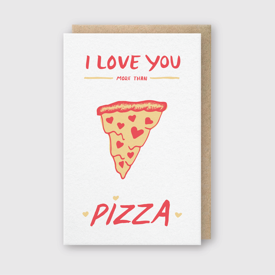 The "Love You More Than Pizza Greeting Card" is a charming card featuring a slice of pizza with heart-shaped pepperoni, perfect for pizza lovers. It comes with a brown envelope and is an ideal way to express that your love surpasses even the delight of delicious pizza.