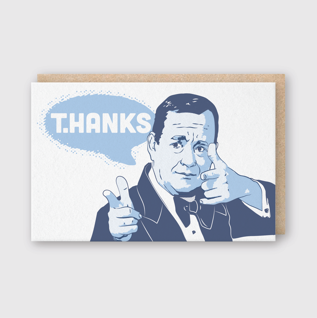 This greeting card features an illustration of a man in a suit pointing both fingers forward, with a speech bubble that says "T.HANKS." It is crafted with premium letterpress detailing in blue and white colors and comes with a brown envelope.