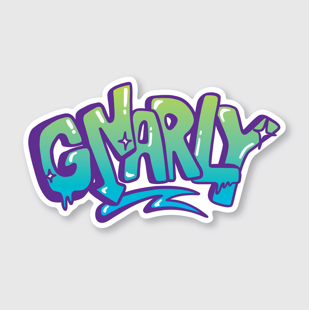 A vibrant die-cut vinyl sticker features graffiti-style text reading "Gnarly" in blue, green, and purple hues with star accents on a light gray backdrop. This artist-designed sticker is outdoor rated for lasting durability and style.