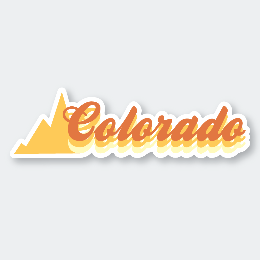 The Colorado #4 Sticker presents the word "Colorado" in a retro script font with vibrant orange text and a playful yellow shadow. A stylized yellow mountain silhouette enhances the design on the left side. Made for durability, it features a laminated finish and die-cut vinyl, all elegantly enclosed within a white border.