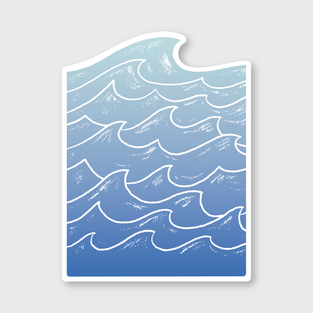 The Raging Waves Sticker captures the essence of Seattle's coastal charm with its stylized illustration of ocean waves. The design features a gradient from light to dark blue, outlined in white, against a light gray background. The hand-drawn, textured waves add an artistic touch that makes it perfect for branded stickers.
