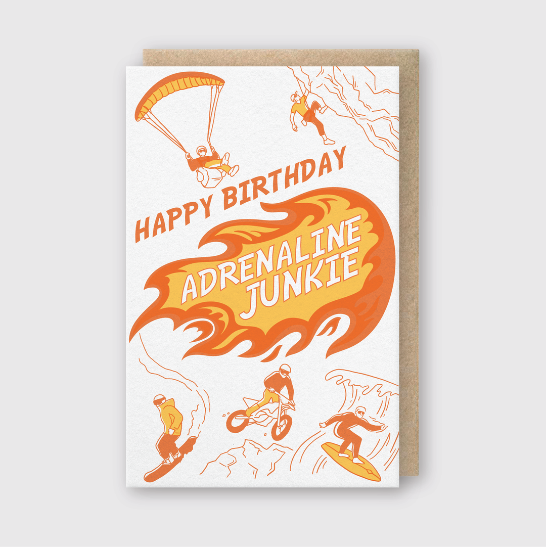 The Adrenaline Junkie Greeting Card showcases vibrant images created with letterpress techniques, making it an ideal choice for art-loving thrill-seekers celebrating birthdays.