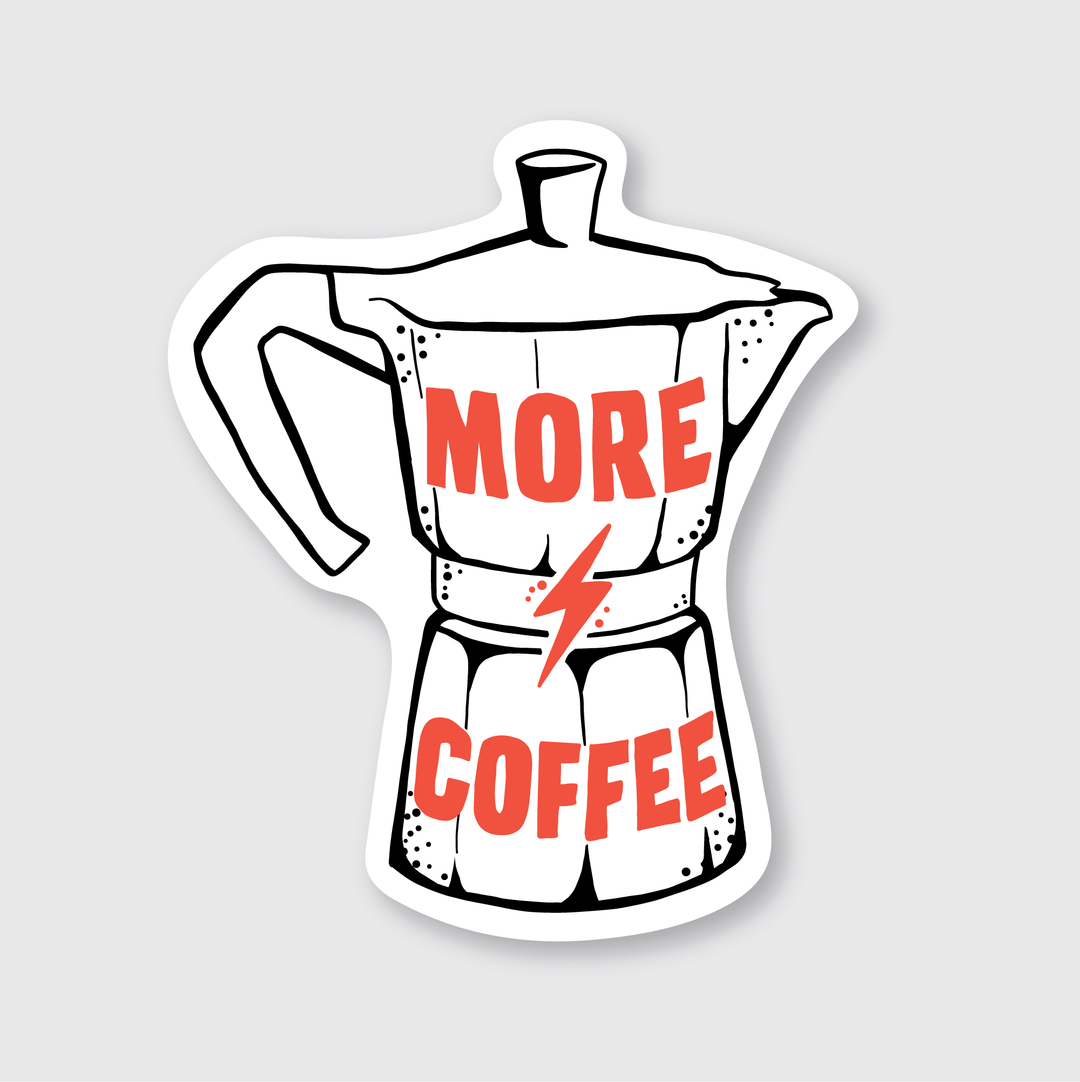 The "More Coffee Sticker" features a stylish design with an illustration of a moka pot, emphasized by the words "MORE COFFEE" in bold, red letters. A striking red lightning bolt slices through the text, adding an electrifying touch against the simple gray background of this die-cut vinyl sticker. It's an ideal accessory for coffee enthusiasts!