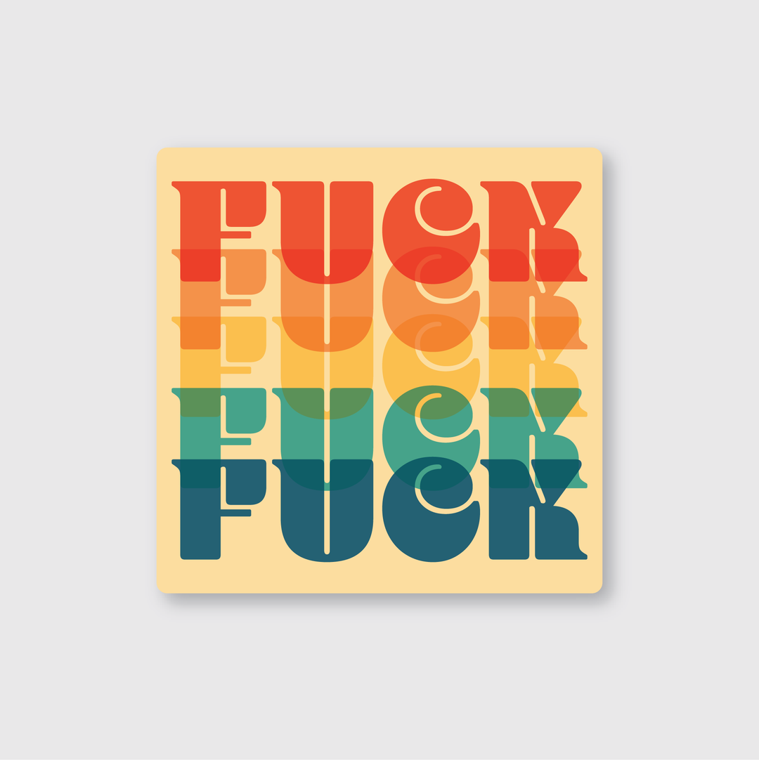 This handcrafted die-cut vinyl sticker features the word in a bold and retro style with square graphics. Each letter is uniquely colored in red, orange, green, and blue against a light beige background. Made to withstand water and weather conditions, it offers enhanced durability.