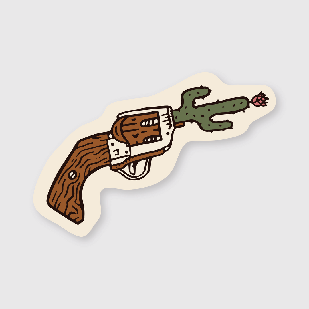 Introducing the Cactus Revolver Sticker: a unique die-cut vinyl illustration featuring a revolver with a wooden handle, cleverly designed with the barrel as a green cactus adorned with a small red flower. This bordered design is ideal for enhancing your collection.